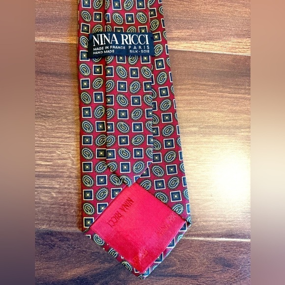 NINA RICCI Paris Silk Red Geometric Print Handmade Necktie - Picture 4 of 8